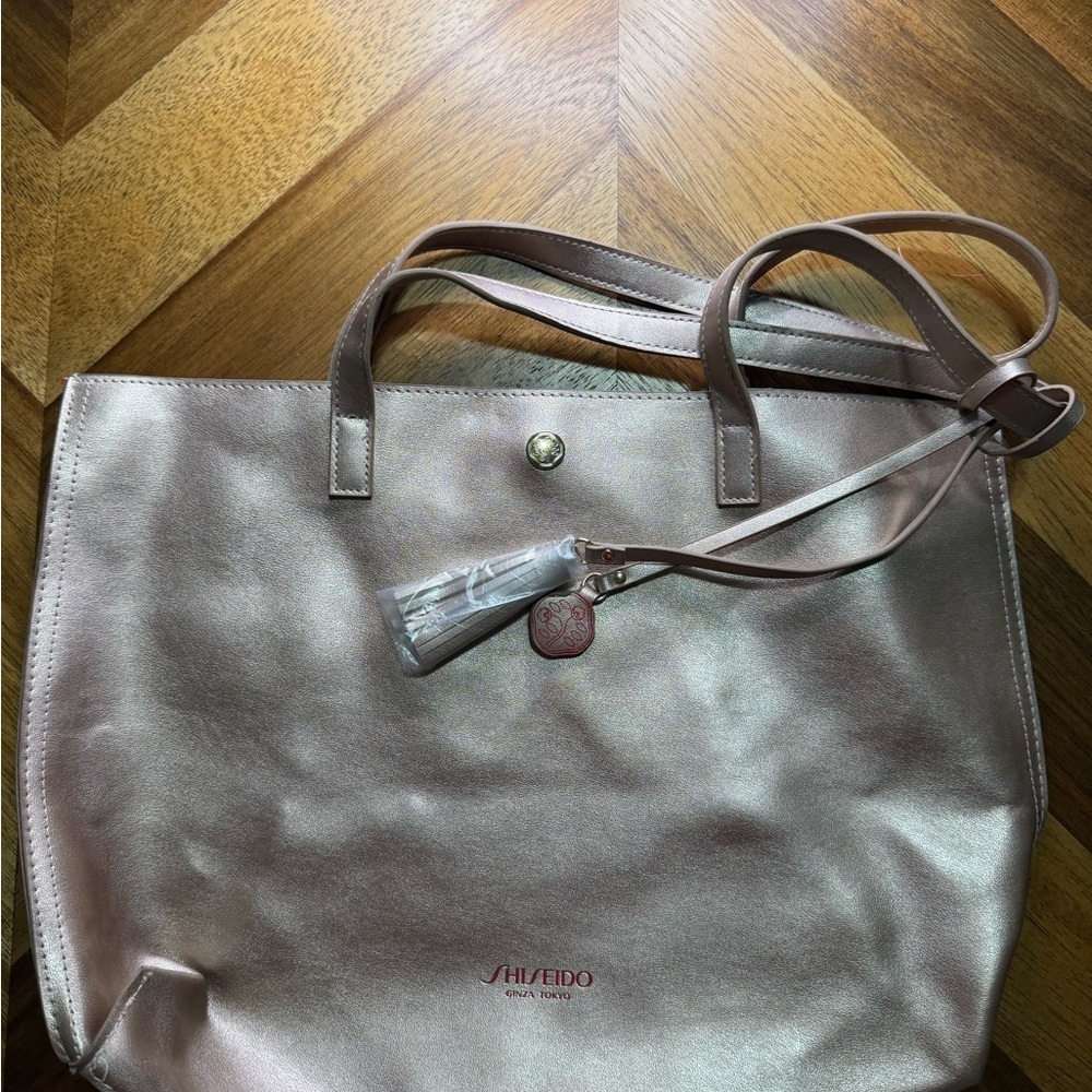 Shiseido Ginza Tokyo Gold Tote Bag with Red Interior Beautiful 15" X 11"